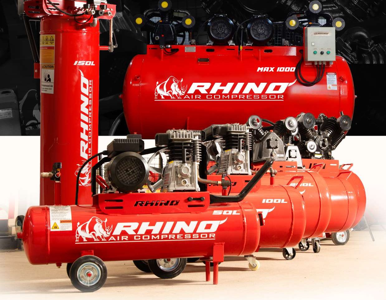 Rhino Air Compressor product line-up, 50L to 1000L